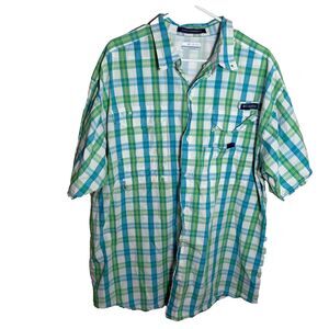 Columbia PFG Shirt Men's XL Blue Green Super Bonehead Button Up Short Sleeve